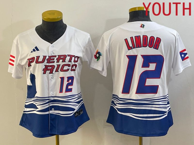 Youth 2023 World Cub Puerto Rico 12 Lindor White MLB Jersey6